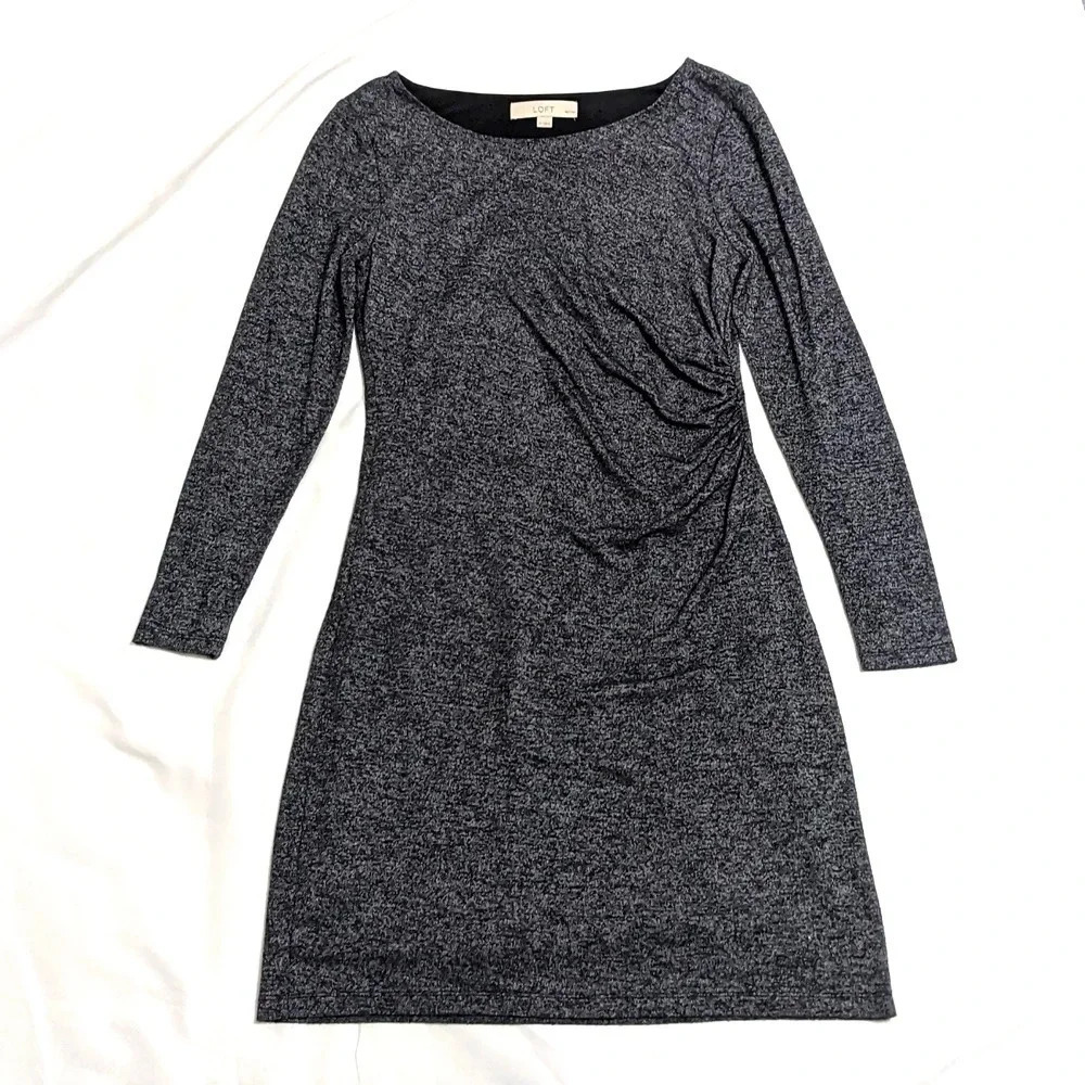 Loft Long Sleeve Ruched Sheath Midi Dress Color Heather Gray Size MP